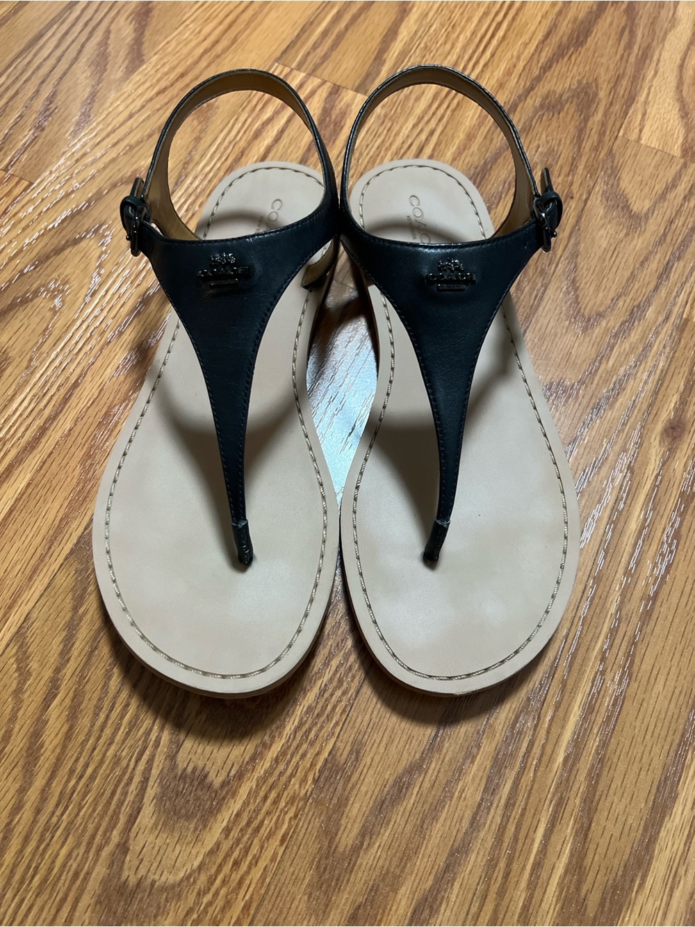 Coach Black Leather T-Strap Sandals